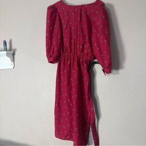 Vintage Red Secretary Dress with Belt – Puff Sleeves, Floral Print, M/L